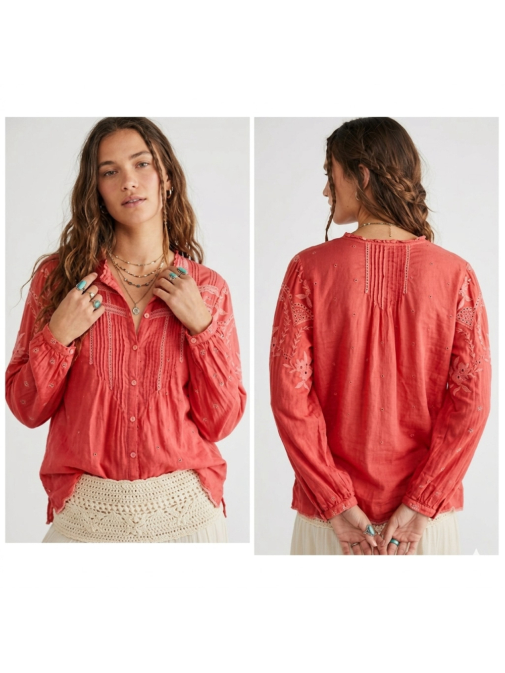 Johnny Was Helia Blouse Coral Pink Embroidered Cupra Rayon Eyelet Top Size M